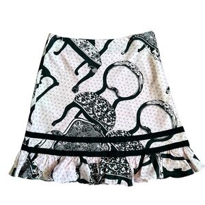 Elevenses by Anthropologie Pink Flirty Skirt with Unique Chair Pattern size 10